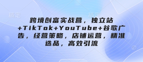 跨境创富实战营，独立站+TikTok+YouTube+谷歌广告，经营策略，店铺运营，精准选品，高效引流