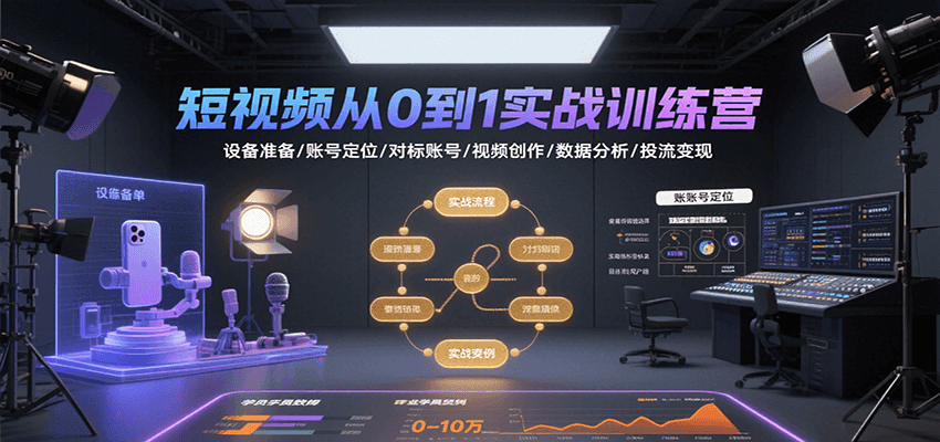 短视频从0到1实战训练营：设备准备/账号定位/对标账号/视频创作/数据分析/投流变现