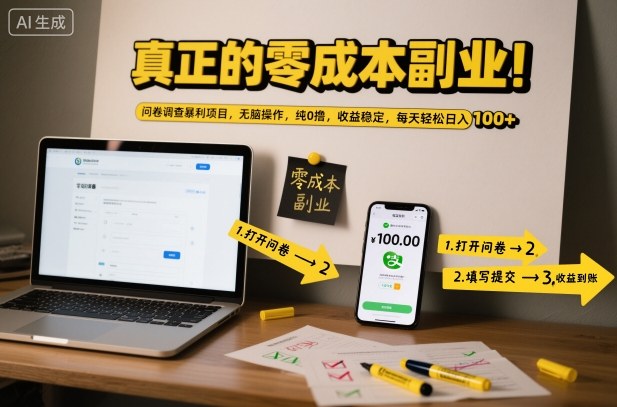 真正的零成本副业！问卷调查暴利项目，无脑操作，纯0撸，收益稳定，每天轻松日入100+