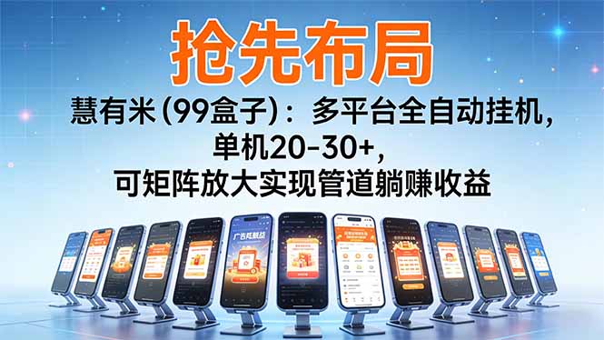 （16757期）【抢先布局】慧有米（99盒子）：多平台全自动挂机，单机20-30+，可矩阵放大实现管道躺赚收益