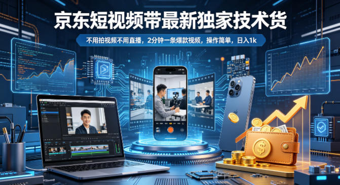京东短视频带货最新独家技术，不用拍视频不用直播，2分钟一条爆款视频，操作简单，日入1k+