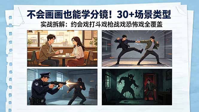 （18591期）不会画画也能学分镜！30+场景类型实战拆解：约会戏打斗戏枪战戏恐怖戏全覆盖
