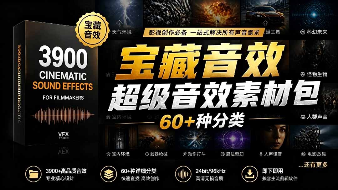 (18660期)宝藏音效合集包!60+多种音效分类,共计3900个,分类清晰,全中文分类,高品质剪辑音效素材包