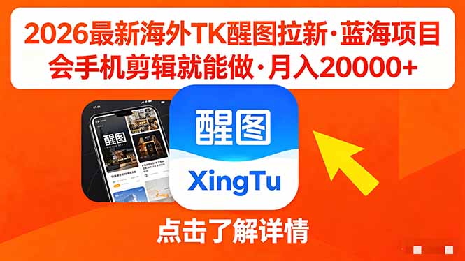 （18387期）26年最新海外Tk醒图拉新，蓝海项目，会手机剪辑就可以做，月入20000＋
