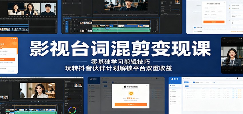 影视台词混剪变现课:零基础学习剪辑技巧,玩转抖音伙伴计划解锁平台双重收益
