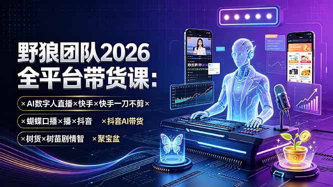 (19511期)野狼团队2026全平台带货课-7月:AI数字人直播×快手一刀不剪×蝴蝶口播×抖音AI带货×树苗剧情智剪×聚宝盆