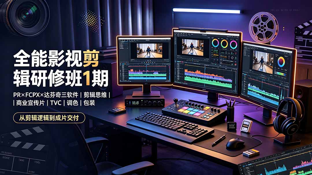 (19451期)全能影视剪辑研修班1期-无水印:PR×FCPX×达芬奇三软件×剪辑思维×商业宣传片×TVC×调色×包装,全链路系统课