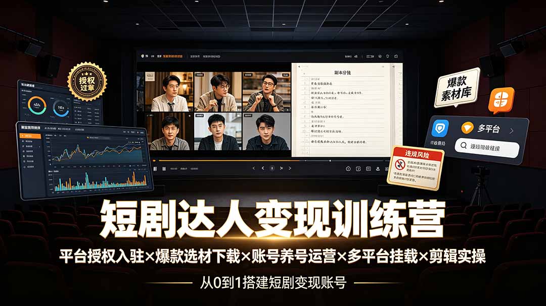 (19551期)短剧达人变现训练营:平台授权入驻×爆款选材下载×账号养号运营×多平台挂载×剪辑实操×违规处理全流程