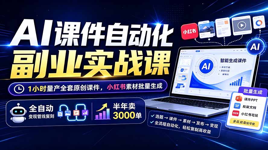 (19518期)AI课件自动化副业实战课:1小时量产全套原创课件×小红书素材批量生成×全自动变现管线×半年卖3000单