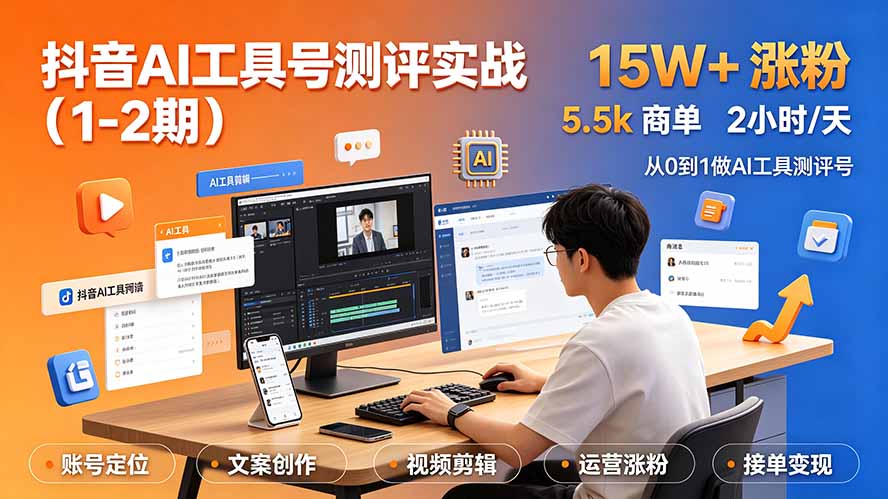 (19380期)抖音AI工具号测评实战(1-2期):单号涨粉15W+×商单5.5k×伙伴计划×普通人可复制,每天2小时长期可持续